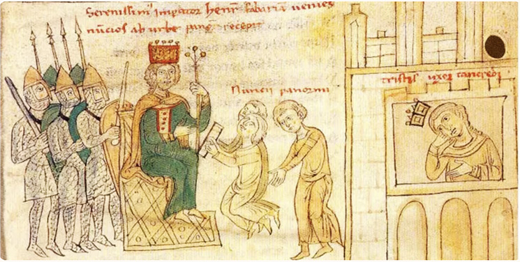  Enrico VI di Svevia incoronato a Palermo, tratto da un codice miniato di Pietro da Eboli, il Liber ad honorem Augusti conservato presso la Biblioteca della Borghesia di Berna (1196)