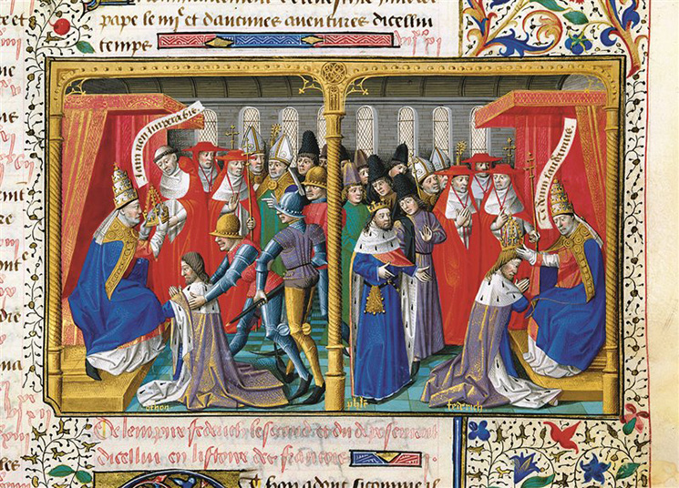 Federico II, incoronato imperatore da Onorio III, conferma le precedenti donazioni e giura fedeltà alla Santa Sede.   