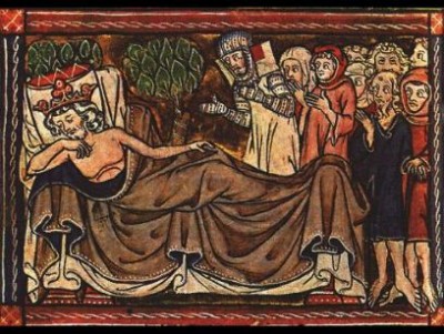 Federico II ammalato e la sua corte è al suo capezzale, da un miniatura medievale. 